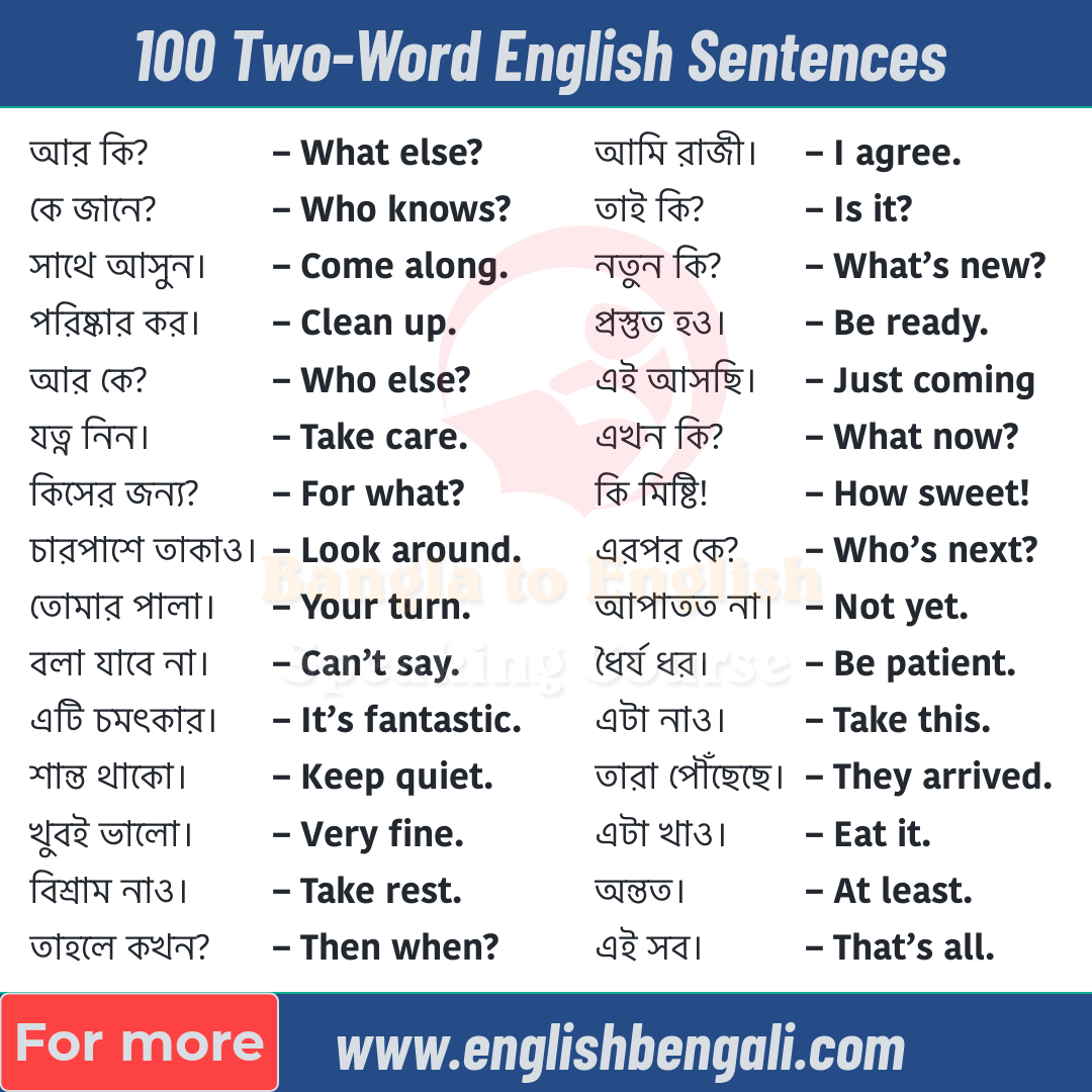 100 Two Word English Sentences Bengali To English